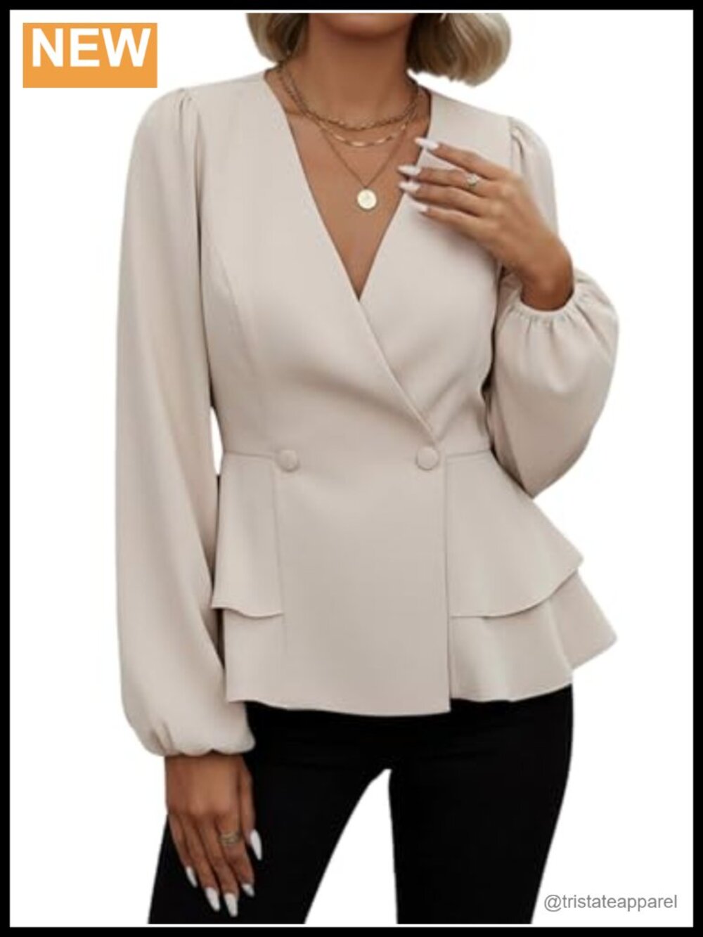 Women's Wrap V-Neck Peplum Blouse Puff Sleeve Dressy